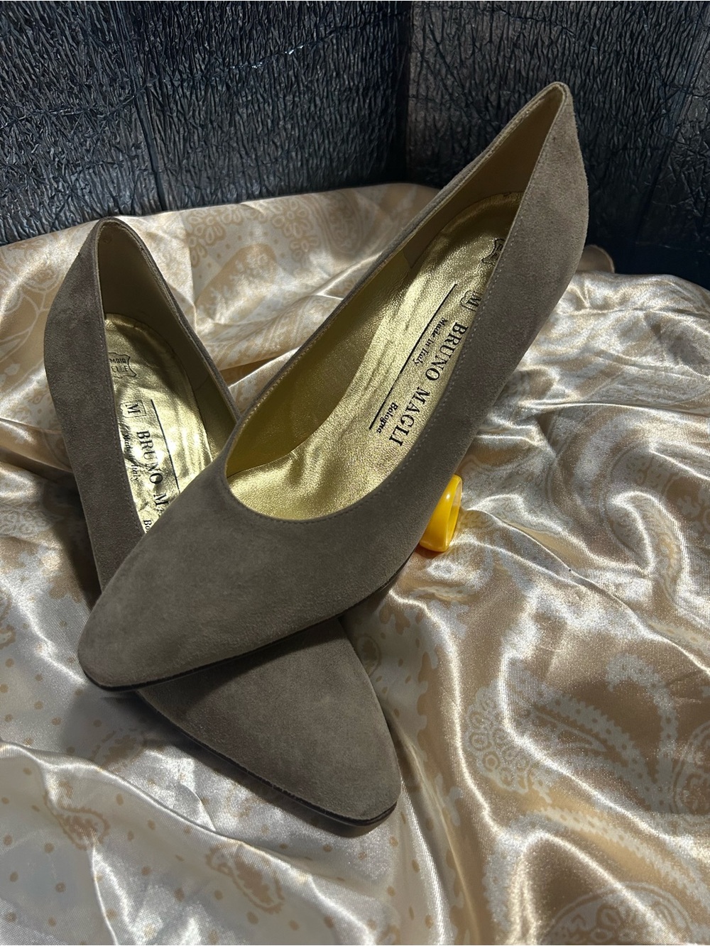 Bruno Magli Taupe Suede Pointed Pumps with Gold Insole